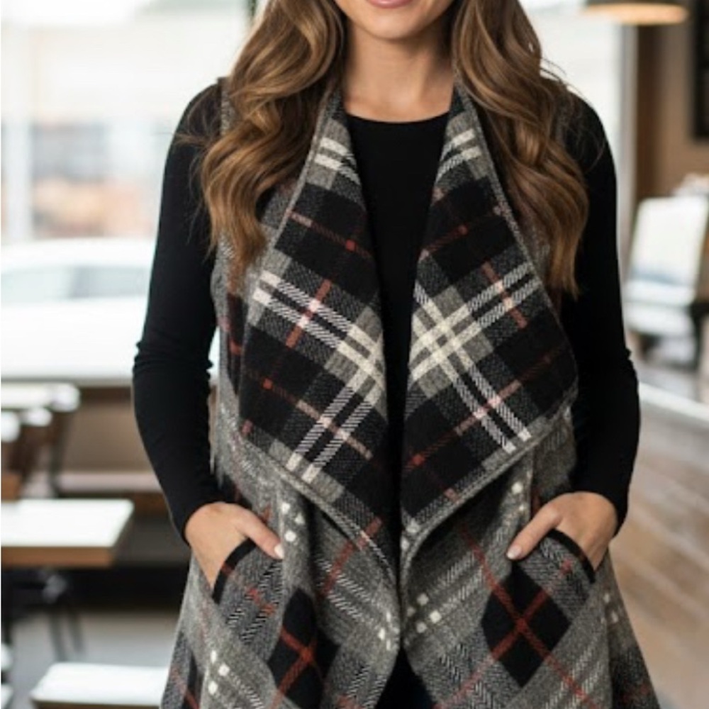 Hem & Thread Plaid Hooded Vest Women’s S/M Boho Pockets Waterfall Open Layering
